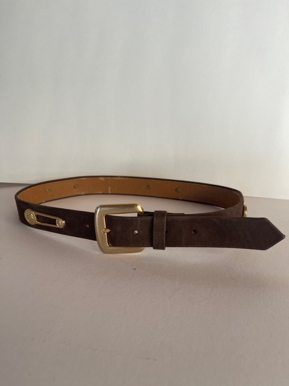 Brown Suede Belt with Gold Buckle - Picture 1 of 8